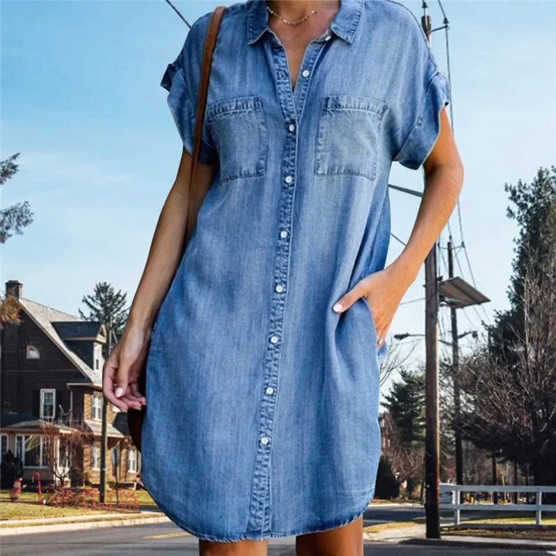 Summer Clothing Zara - Women Denim Shirt Dresses Short Sleeve