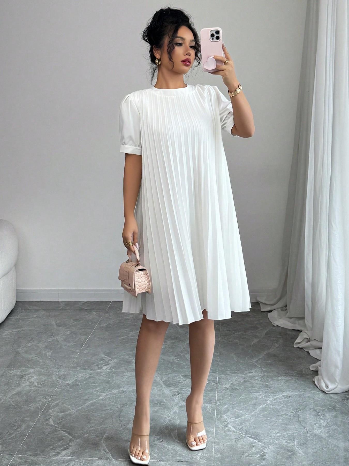 Summer Clothing Zara - Women's Pure-Color Pleated Puff Sleeve Midi