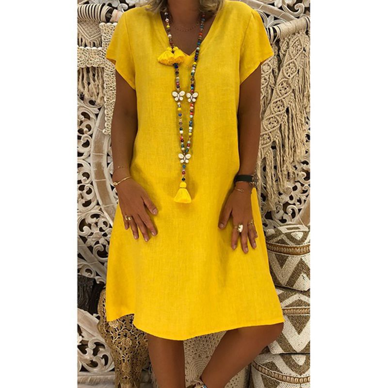 Summer Clothing Zara - Pure-Color Short-Sleeved V-Neck Dress Eight Size
