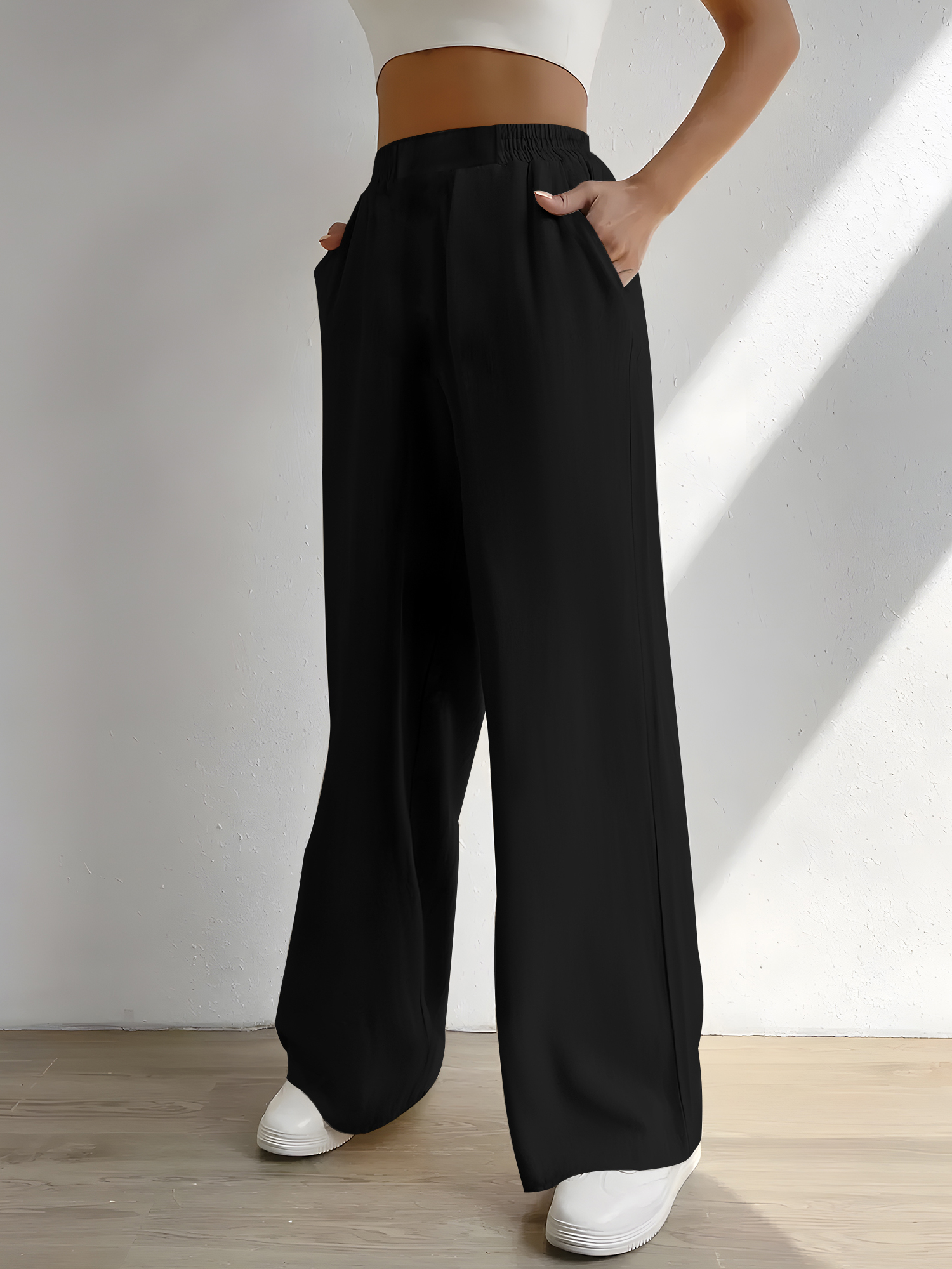 Ruched Elastic High Waist Drap - Palazzo Pant Wide บทวิจารณ์และราคา