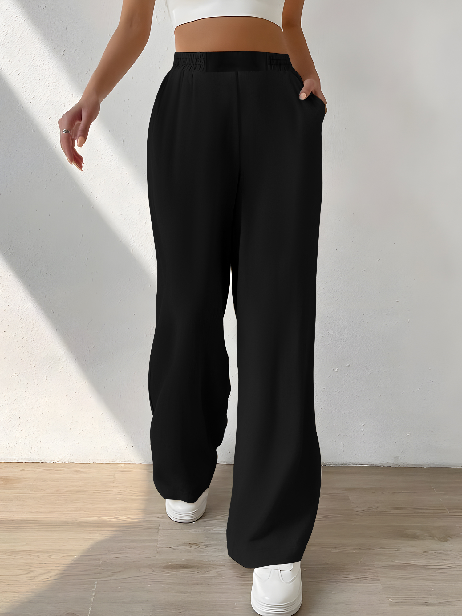 Ruched Elastic High Waist Drap - Palazzo Pant Wide บทวิจารณ์และราคา
