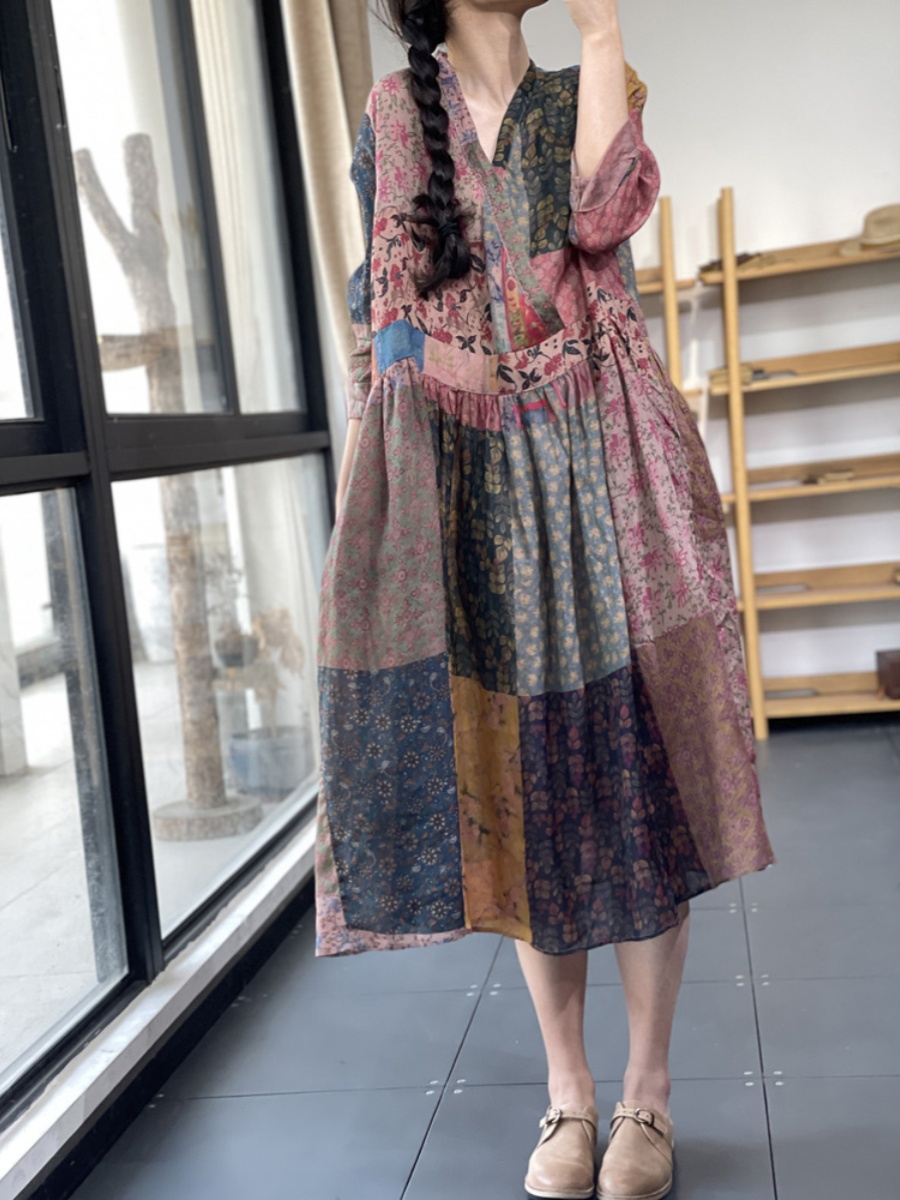 Elegant Loose V-Neck Printed E - Summer Line Clothing Brand บทวิจารณ์และราคา
