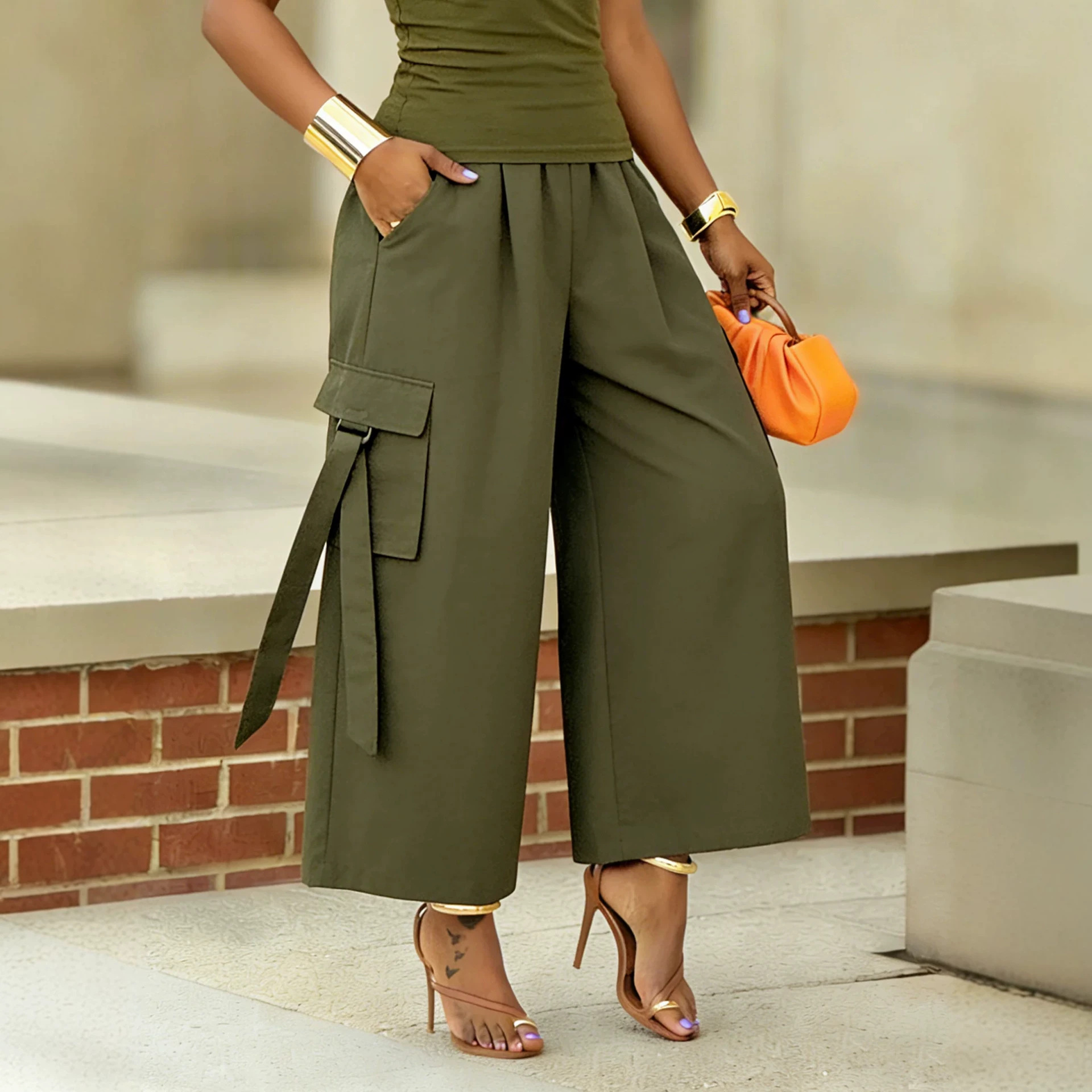 High Waist Cargo Wide Leg Crop - Palazzo Pant Wide บทวิจารณ์และราคา