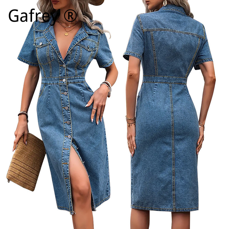 Plus Size Women Lapel Denim Dr - Summer Upf Clothing บทวิจารณ์และราคา