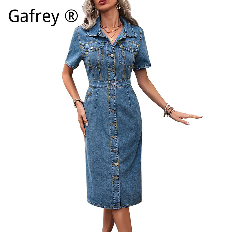 Plus Size Women Lapel Denim Dr - Summer Upf Clothing บทวิจารณ์และราคา