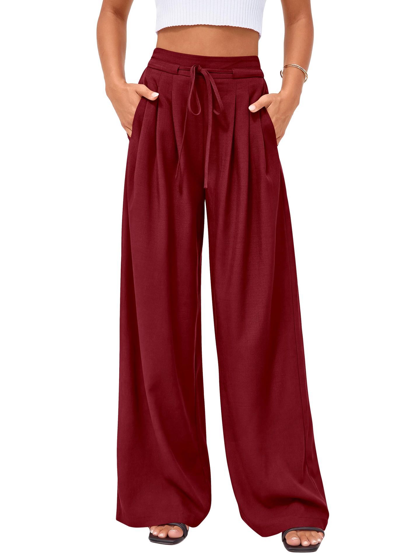 Women High Waist Drawstring Wi - Palazzo Pant Wide บทวิจารณ์และราคา