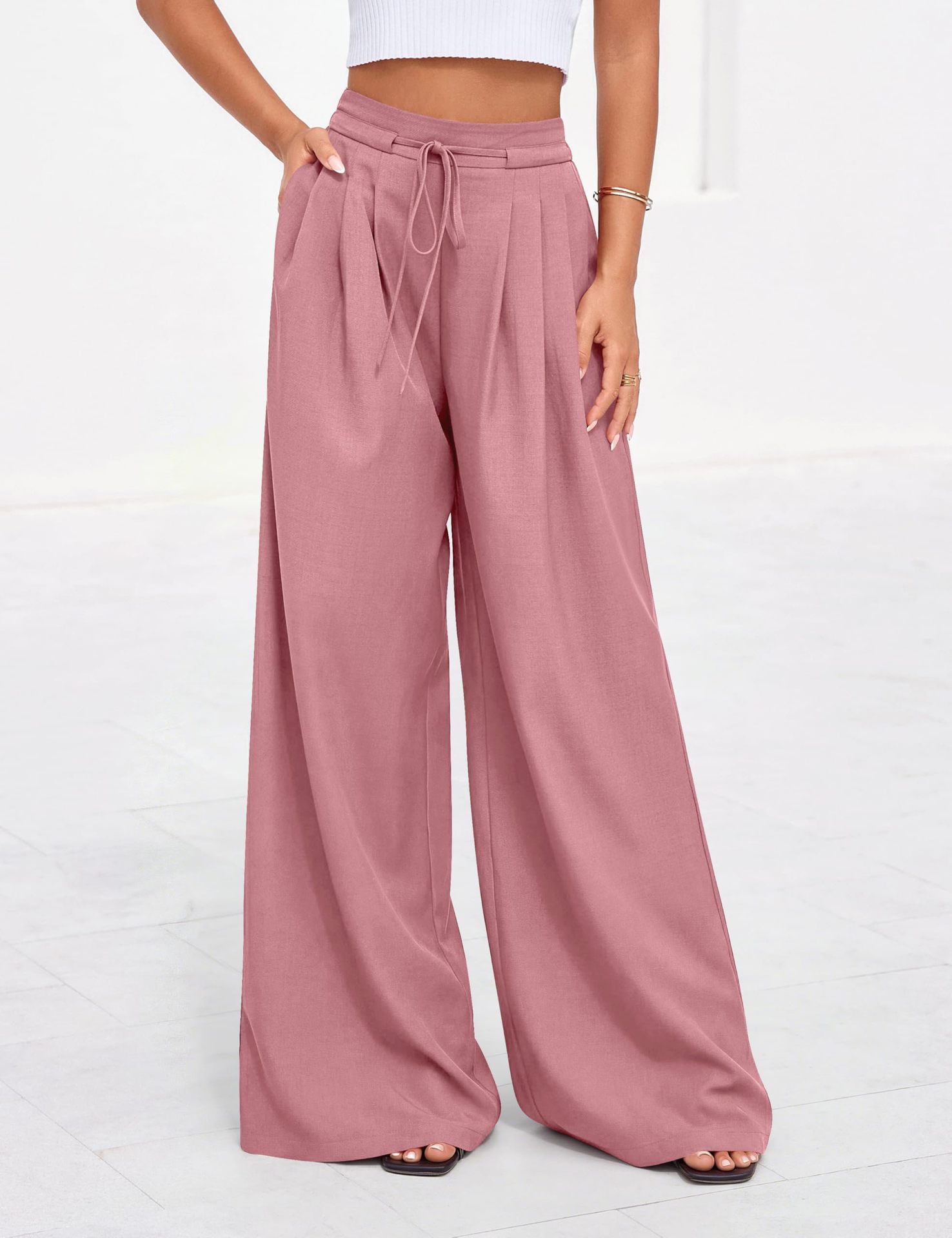 Women High Waist Drawstring Wi - Palazzo Pant Wide บทวิจารณ์และราคา