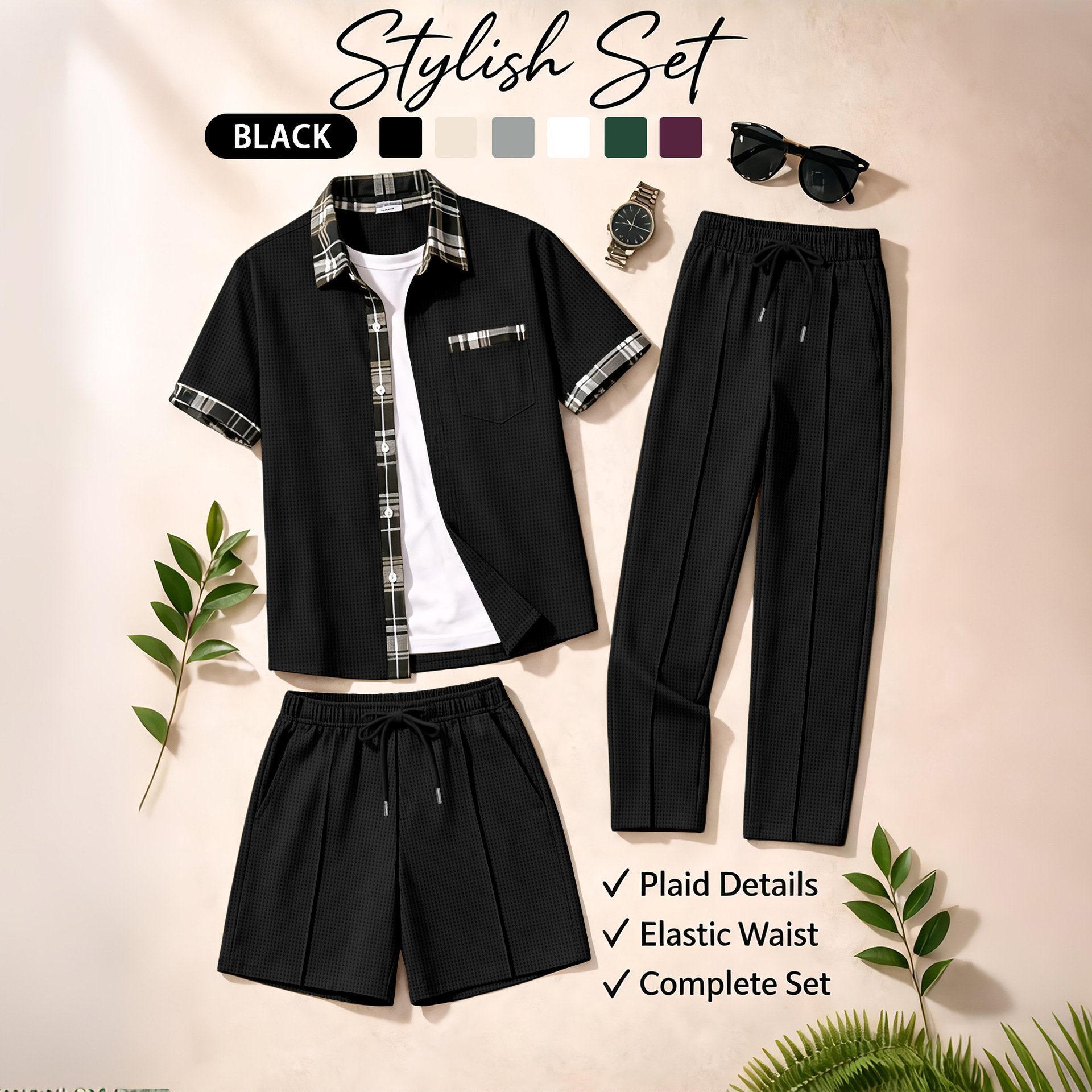 Men's 3 Piece Waffle Knit Trac - Summer Clothing Sets บทวิจารณ์และราคา