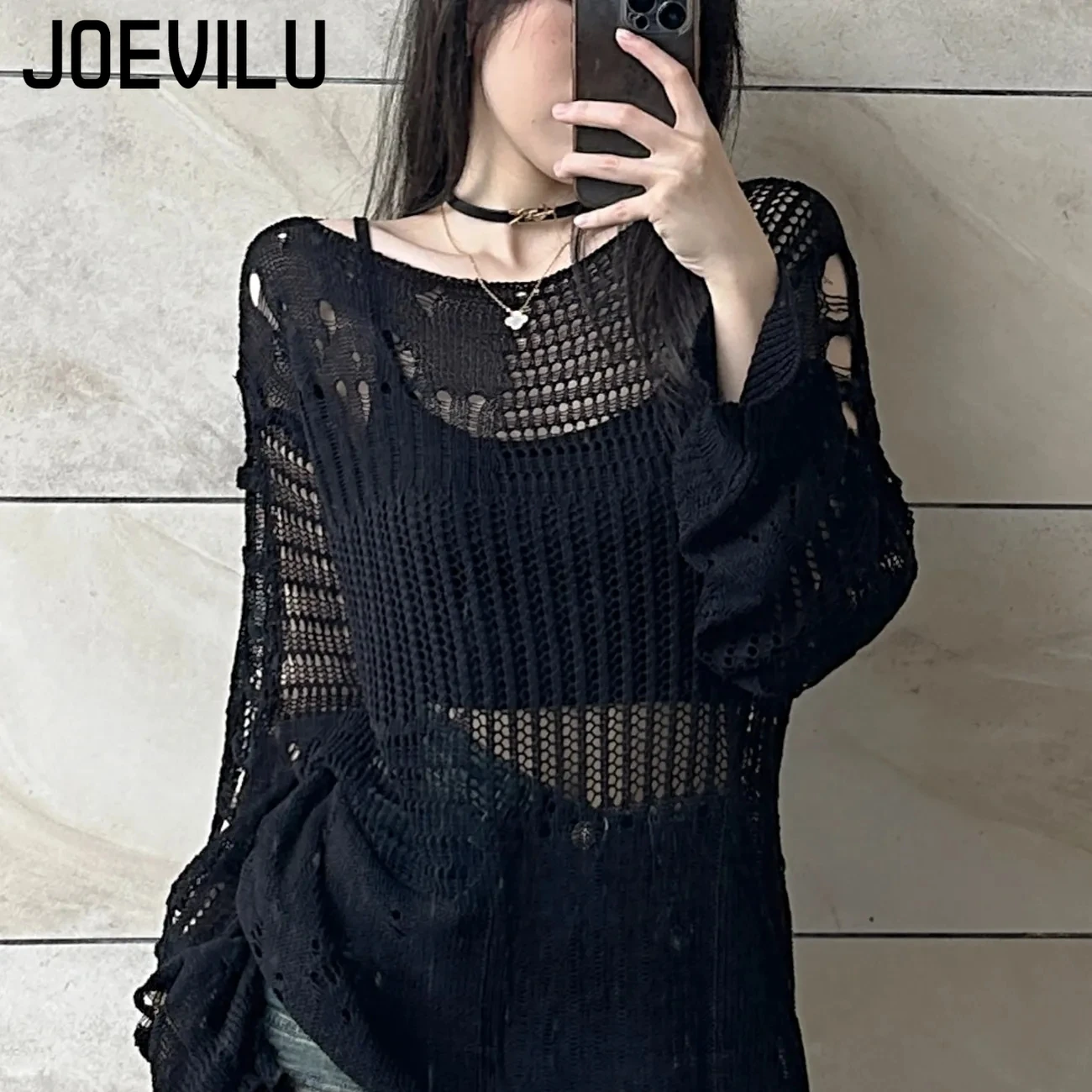 JOEVILU Hollow Knit Blouse Sum - Summer Goth Clothing บทวิจารณ์และราคา