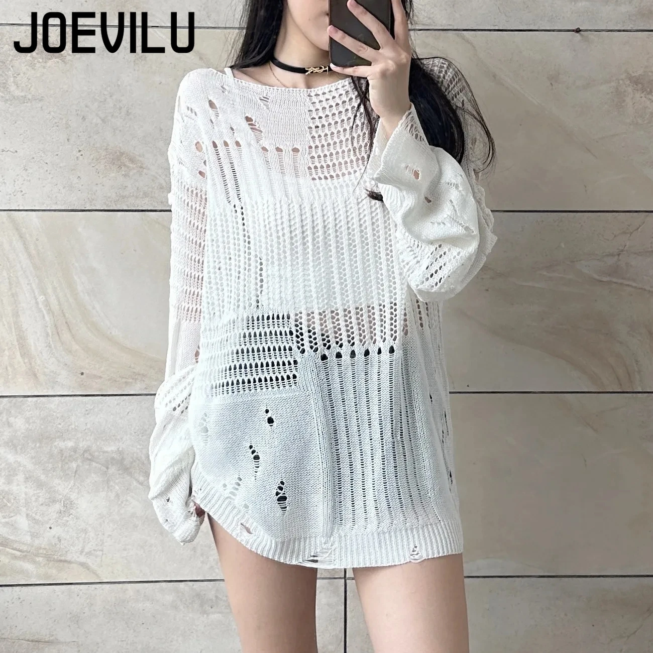 JOEVILU Hollow Knit Blouse Sum - Summer Goth Clothing บทวิจารณ์และราคา