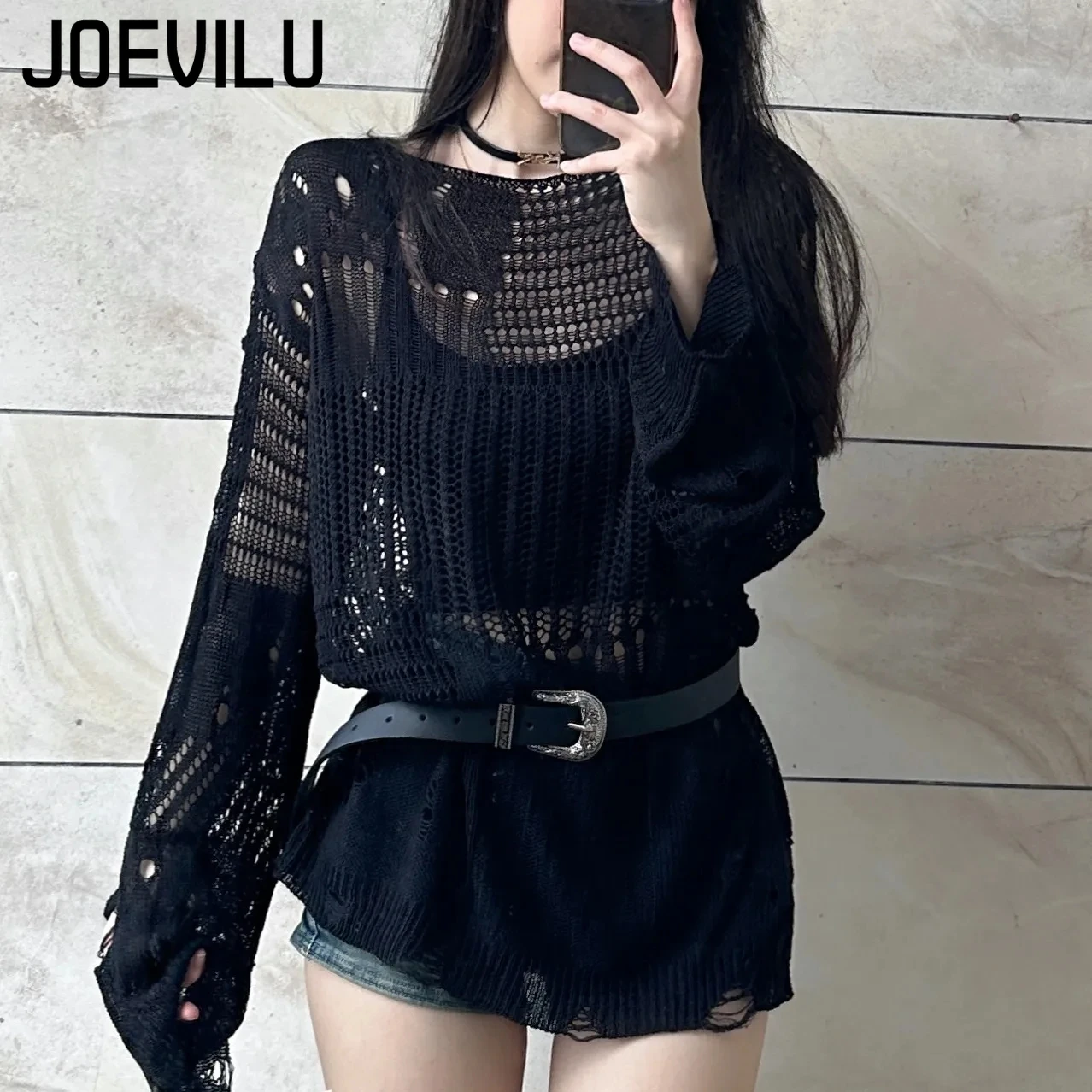 JOEVILU Hollow Knit Blouse Sum - Summer Goth Clothing บทวิจารณ์และราคา