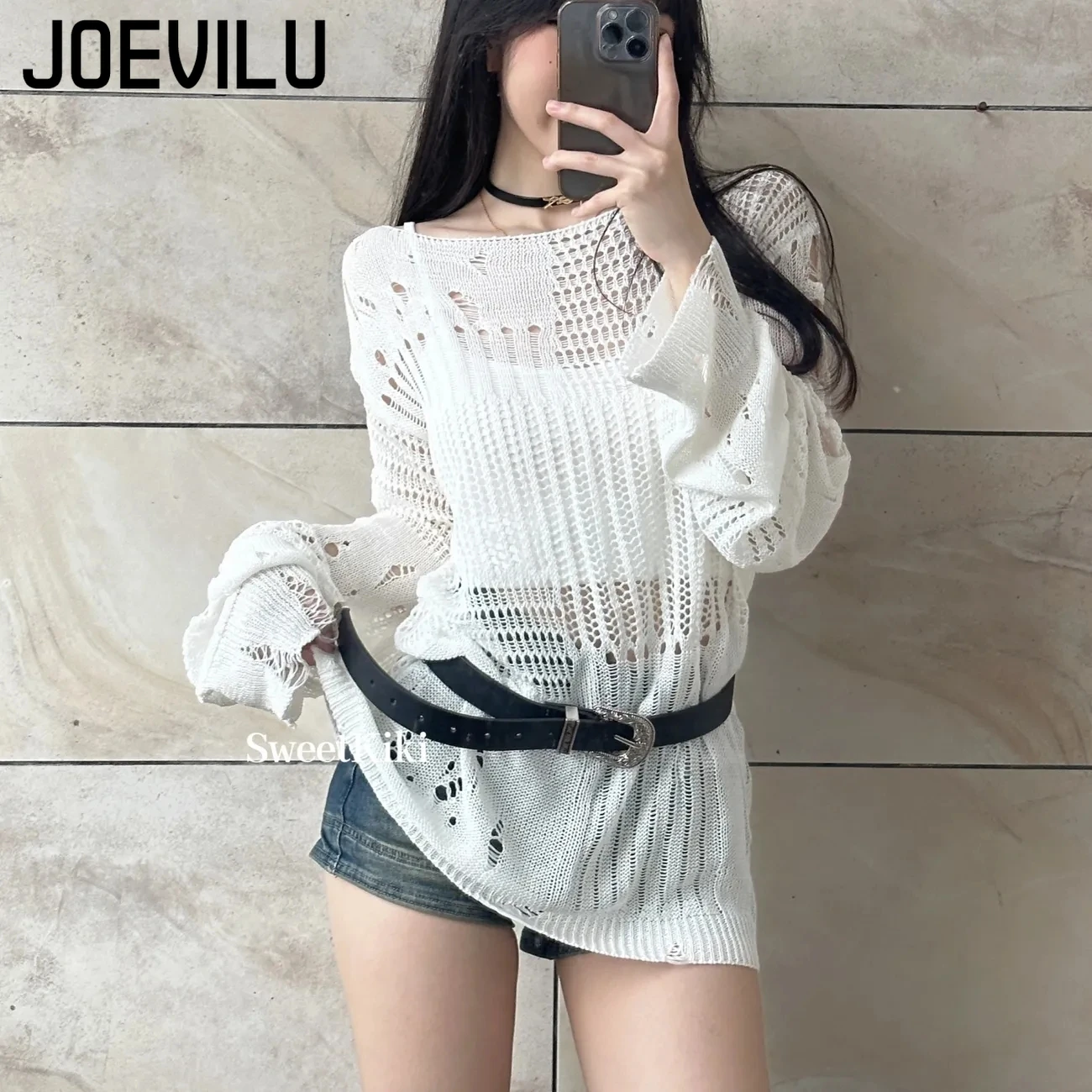 JOEVILU Hollow Knit Blouse Sum - Summer Goth Clothing บทวิจารณ์และราคา